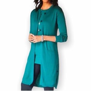J. Jill Teal Green Wool Blend Long Cardigan Sweater Petite Medium Duster Buttons